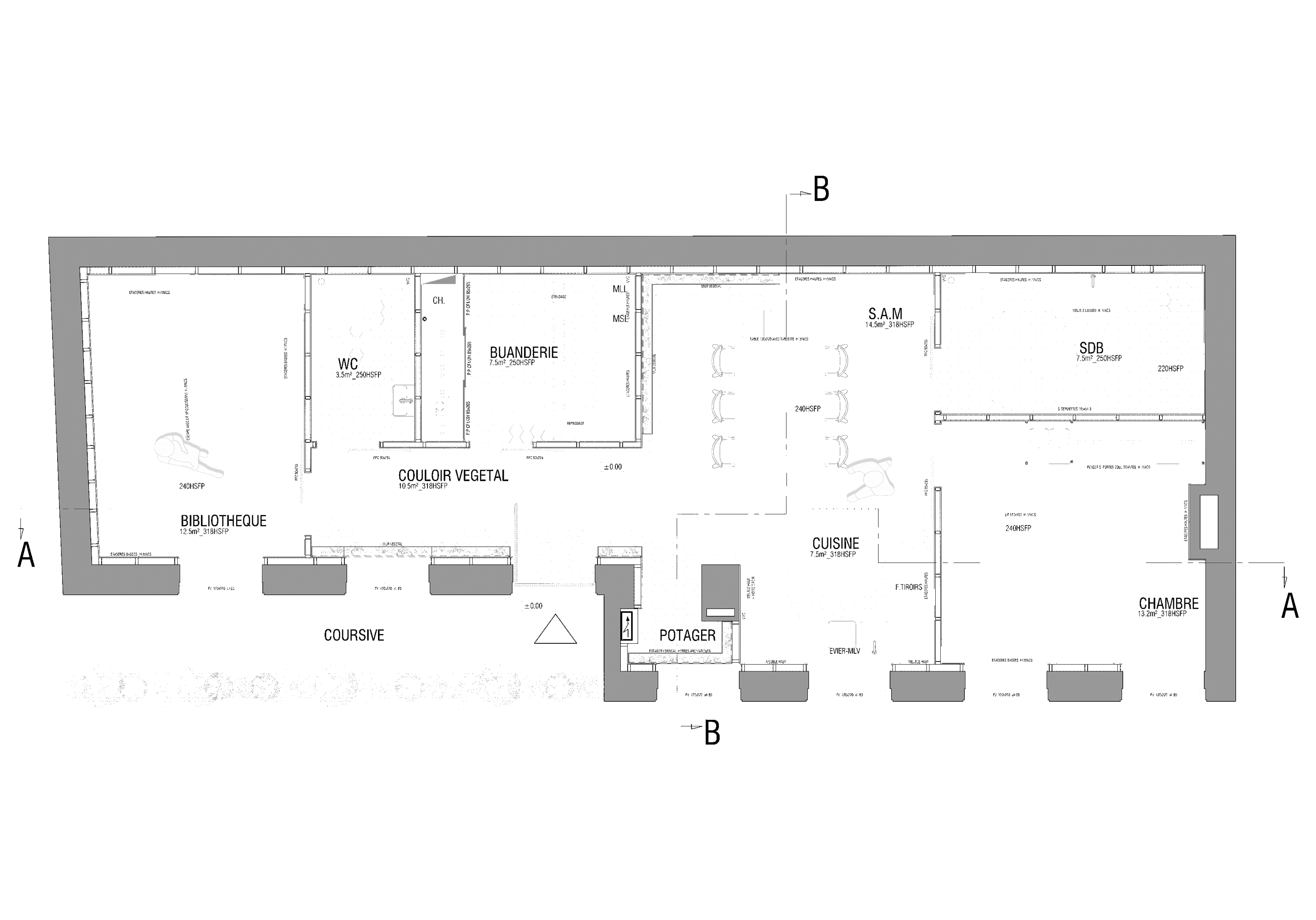 Croquis architectural en noir et blanc représentant deux bâtiments modernes aux formes géométriques, dont un immeuble rectangulaire en porte-à-faux à gauche et une tour cylindrique sur pilotis à droite. Azai architecture